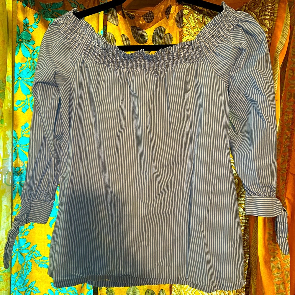 Ann Taylor Loft Top Womens Size S Off The Shoulder Striped Blue